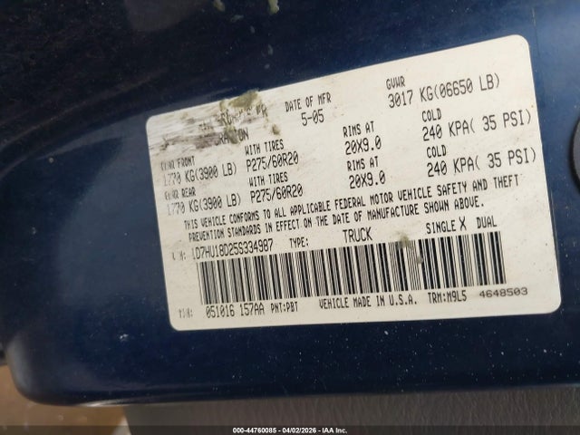 Aukcja sprzedaży 2005 Dodge Ram 1500 Slt/laramie, vin: 1D7HU18D25S334987, numer aukcji: 44760085