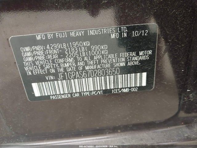 44760091 :رقم المزاد ، JF1GPAS67D2803650 vin ، 2013 Subaru Impreza 2.0i Sport Limited مزاد بيع