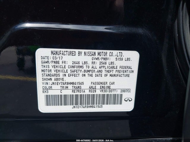 44760092 :رقم المزاد ، JN1EV7AR9HM841545 vin ، 2017 Infiniti Q50 3.0t Signature Edition مزاد بيع