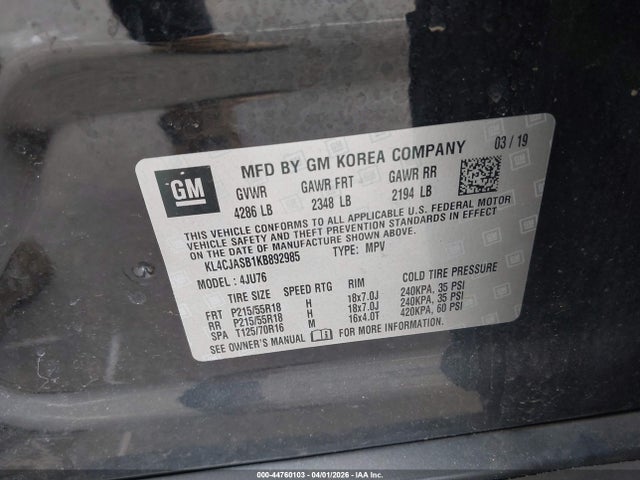 2019 Buick Encore Fwd Preferred მანქანა იყიდება აუქციონზე, vin: KL4CJASB1KB892985, აუქციონის ნომერი: 44760103