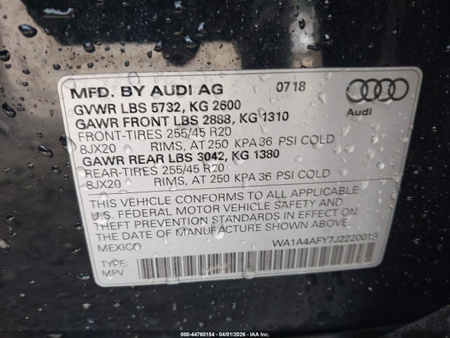 44760154 :رقم المزاد ، WA1A4AFY7J2220019 vin ، 2018 Audi Sq5 3.0t Premium Plus مزاد بيع