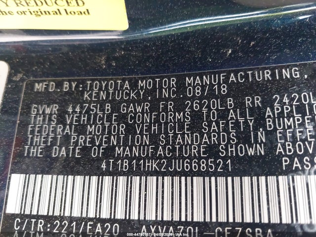 Продаж на аукціоні авто 2018 Toyota Camry Se, vin: 4T1B11HK2JU668521, номер лоту: 44760157