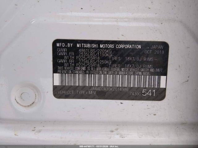 2019 MITSUBISHI OUTLANDER JA4AD2A30KZ014986 Photo 8