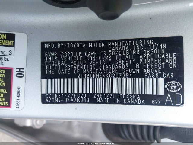 Aukcja sprzedaży 2019 Toyota Corolla Se, vin: 2T1BURHE4KC207954, numer aukcji: 44760173