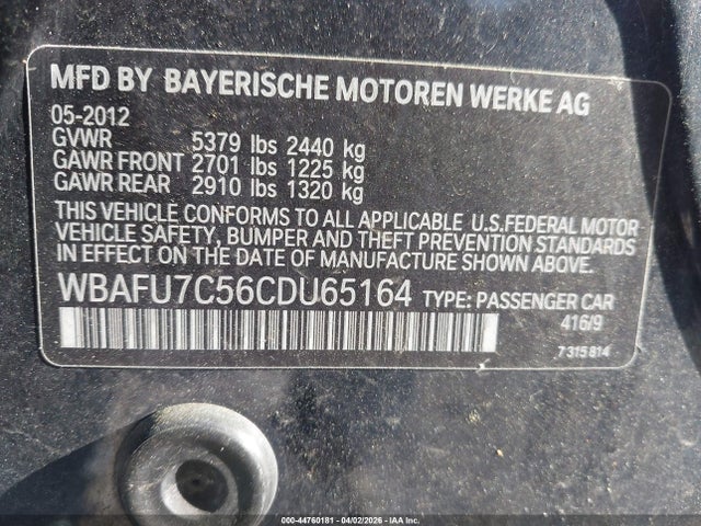 Продаж на аукціоні авто 2012 Bmw 535i Xdrive, vin: WBAFU7C56CDU65164, номер лоту: 44760181