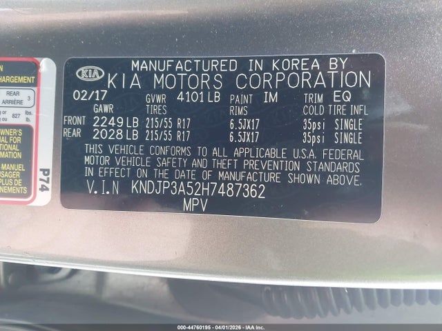 2017 Kia Soul + მანქანა იყიდება აუქციონზე, vin: KNDJP3A52H7487362, აუქციონის ნომერი: 44760195