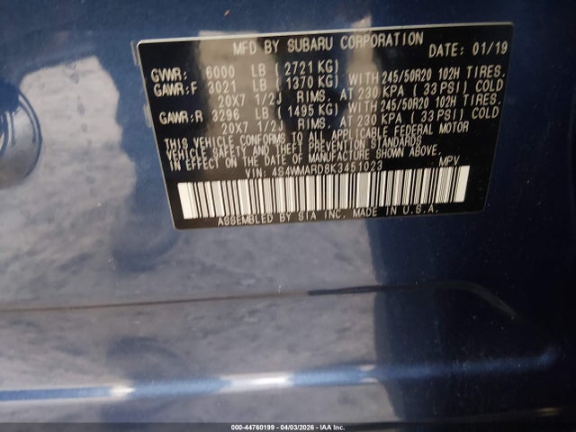44760199 :رقم المزاد ، 4S4WMARD8K3451023 vin ، 2019 Subaru Ascent Touring مزاد بيع