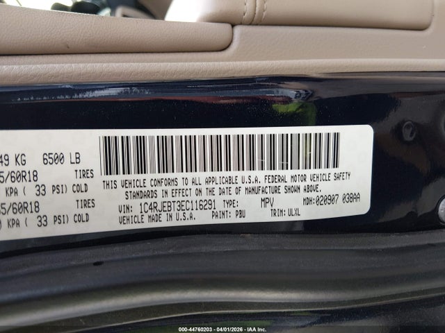 2014 Jeep Grand Cherokee Limited მანქანა იყიდება აუქციონზე, vin: 1C4RJEBT3EC116291, აუქციონის ნომერი: 44760203