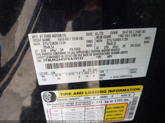 44760204 :رقم المزاد ، 1FMJK2A85PEA15133 vin ، 2023 Ford Expedition Limited Max مزاد بيع