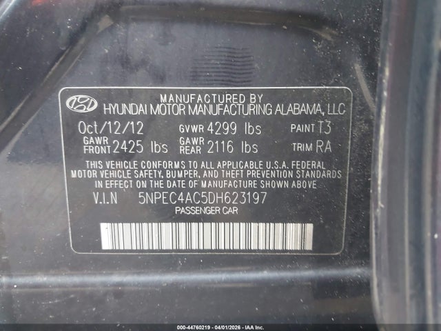 Aukcja sprzedaży 2013 Hyundai Sonata Se, vin: 5NPEC4AC5DH623197, numer aukcji: 44760219