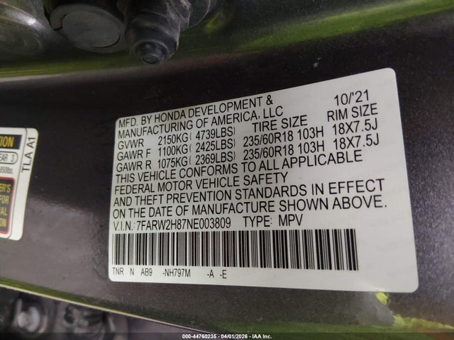 2022 Honda Cr-v Awd Ex-l მანქანა იყიდება აუქციონზე, vin: 7FARW2H87NE003809, აუქციონის ნომერი: 44760235