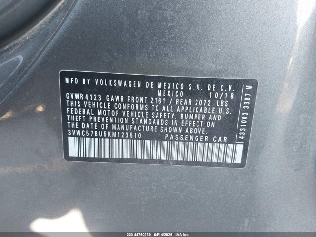 2019 Volkswagen Jetta 1.4t R-line/1.4t S/1.4t Se მანქანა იყიდება აუქციონზე, vin: 3VWC57BU5KM123510, აუქციონის ნომერი: 44760239