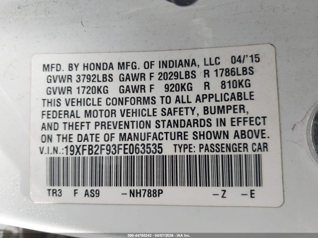Продаж на аукціоні авто 2015 Honda Civic Ex-l, vin: 19XFB2F93FE063535, номер лоту: 44760243