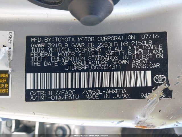Продаж на аукціоні авто 2016 Toyota Prius Two, vin: JTDKBRFU0G3024311, номер лоту: 44760244