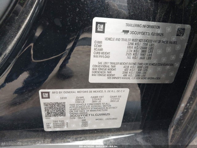 44760254 :رقم المزاد ، 3GCUYGET1LG209625 vin ، 2020 Chevrolet Silverado 1500 4wd  Short Bed Ltz مزاد بيع