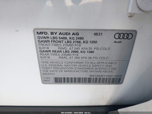 Продаж на аукціоні авто 2021 Audi Q5 Premium 45 Tfsi Quattro S Tronic, vin: WA1AAAFY1M2112475, номер лоту: 44760261