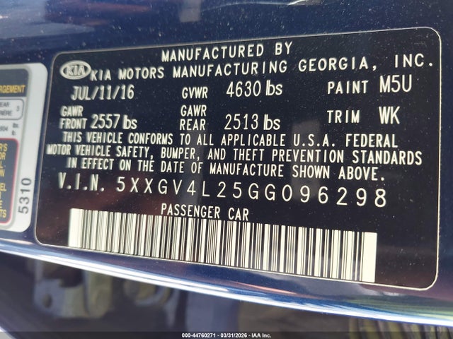 Продаж на аукціоні авто 2016 Kia Optima Sxl Turbo, vin: 5XXGV4L25GG096298, номер лоту: 44760271