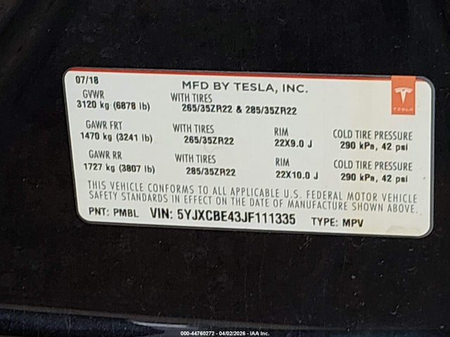 Aukcja sprzedaży 2018 Tesla Model X 100d/75d/p100d, vin: 5YJXCBE43JF111335, numer aukcji: 44760272