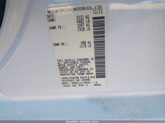 44760274 :رقم المزاد ، 1N4BL4CW2NN304146 vin ، 2022 Nissan Altima Sr Intelligent Awd مزاد بيع