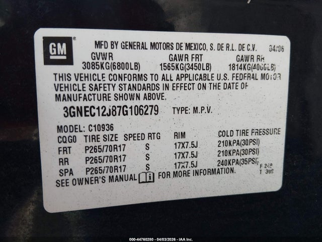 2007 Chevrolet Avalanche 1500 Lt მანქანა იყიდება აუქციონზე, vin: 3GNEC12J87G106279, აუქციონის ნომერი: 44760280