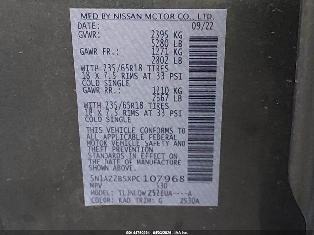 Aukcja sprzedaży 2023 Nissan Murano Sv Intelligent Awd, vin: 5N1AZ2BSXPC107968, numer aukcji: 44760294