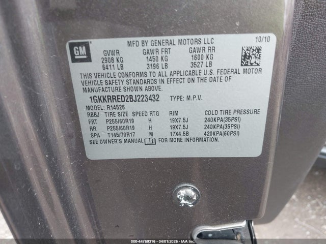 Aukcja sprzedaży 2011 Gmc Acadia Slt-1, vin: 1GKKRRED2BJ223432, numer aukcji: 44760316