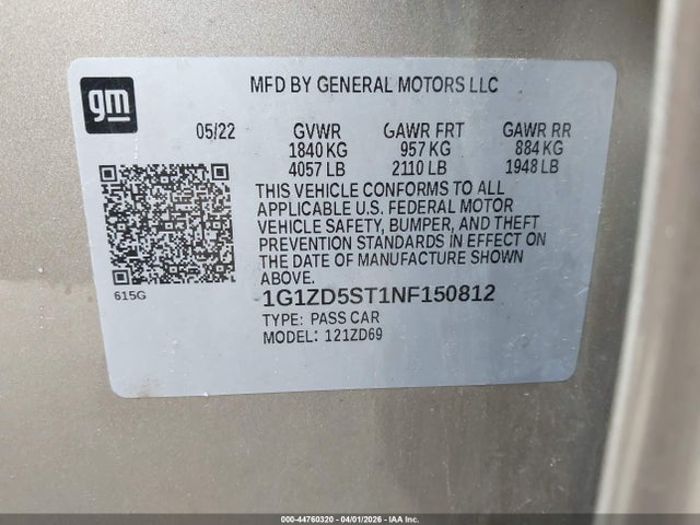 44760320 :رقم المزاد ، 1G1ZD5ST1NF150812 vin ، 2022 Chevrolet Malibu Fwd Lt مزاد بيع