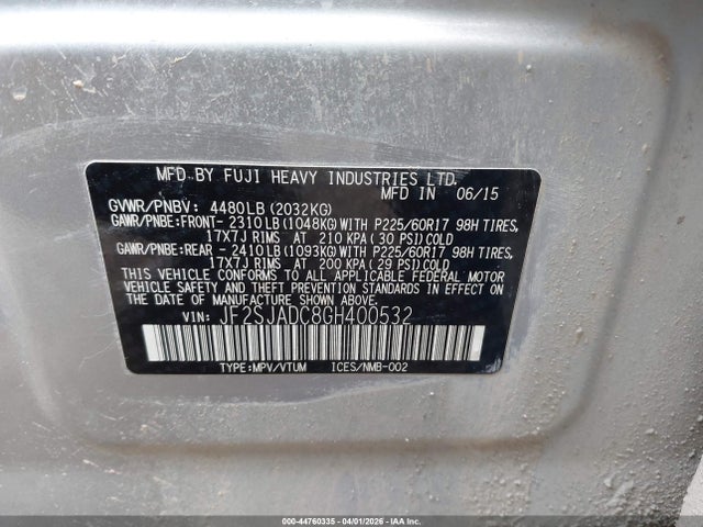 Продажа на аукционе авто 2016 Subaru Forester 2.5i Premium, vin: JF2SJADC8GH400532, номер лота: 44760335
