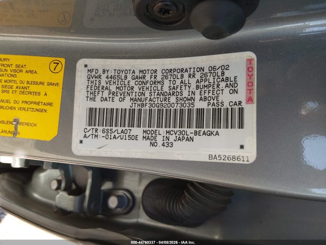 Aukcja sprzedaży 2002 Lexus Es 300, vin: JTHBF30G920073035, numer aukcji: 44760337