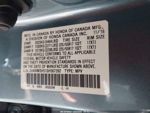 Honda CR-V EX 2016 2HKRM3H51GH567392 Image 9