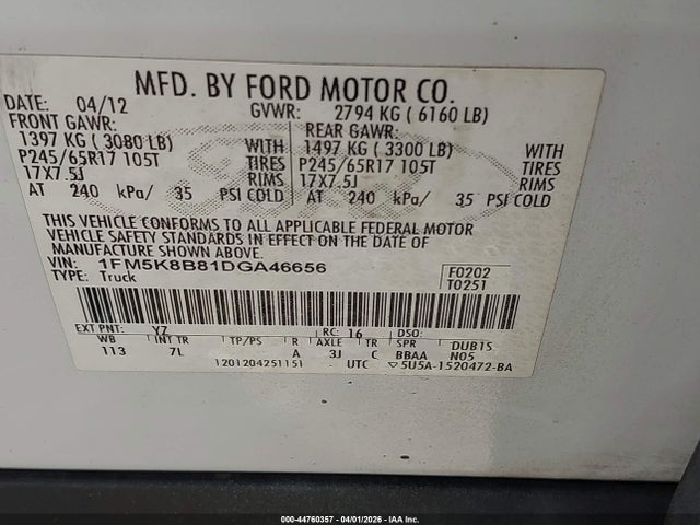 44760357 :رقم المزاد ، 1FM5K8B81DGA46656 vin ، 2013 Ford Explorer مزاد بيع