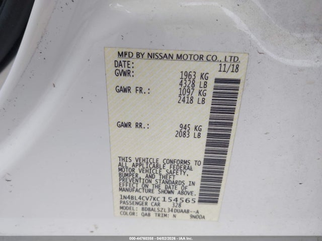 Aukcja sprzedaży 2019 Nissan Altima 2.5 Sr, vin: 1N4BL4CV7KC154565, numer aukcji: 44760358