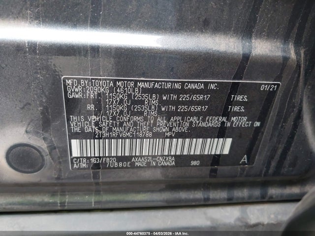 2021 Toyota Rav4 Le მანქანა იყიდება აუქციონზე, vin: 2T3H1RFV6MC118788, აუქციონის ნომერი: 44760375