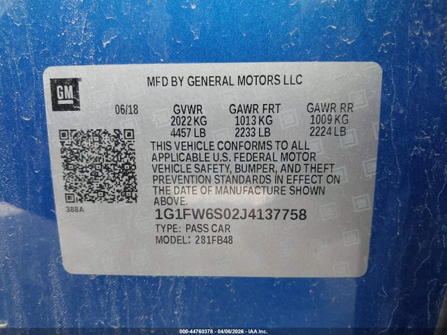 1G1FW6S02J4137758 Chevrolet BOLT EV LT