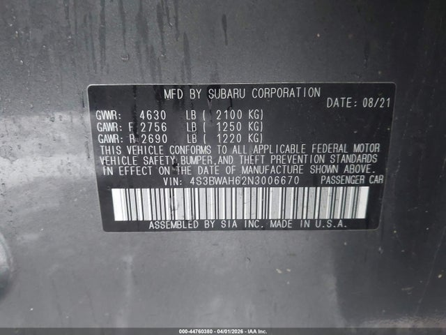 Продаж на аукціоні авто 2022 Subaru Legacy Sport, vin: 4S3BWAH62N3006670, номер лоту: 44760380