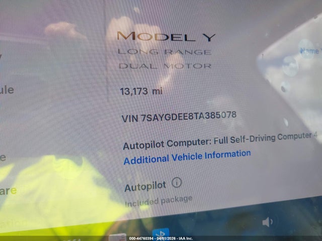 44760394 :رقم المزاد ، 7SAYGDEE8TA385078 vin ، 2026 Tesla Model Y All-wheel Drive/long Range Launch Series/premium All-wheel Drive مزاد بيع