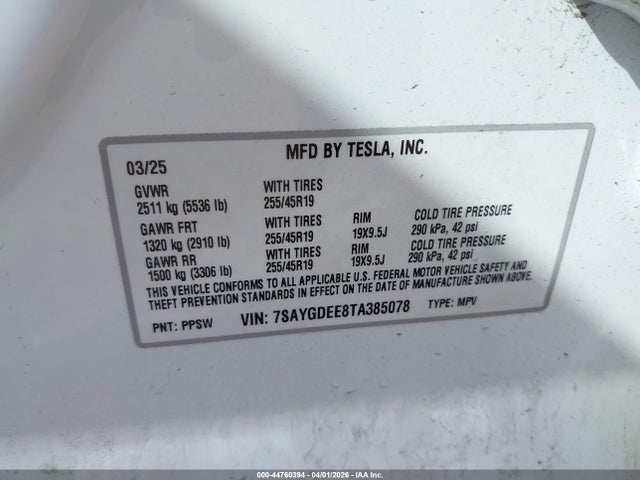 44760394 :رقم المزاد ، 7SAYGDEE8TA385078 vin ، 2026 Tesla Model Y All-wheel Drive/long Range Launch Series/premium All-wheel Drive مزاد بيع