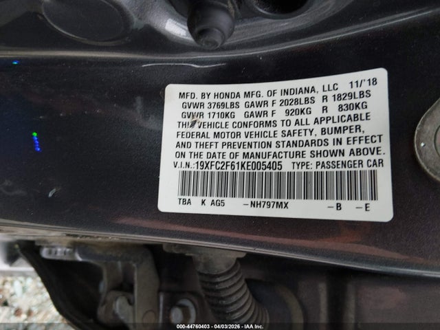 44760403 :رقم المزاد ، 19XFC2F61KE005405 vin ، 2019 Honda Civic Lx مزاد بيع