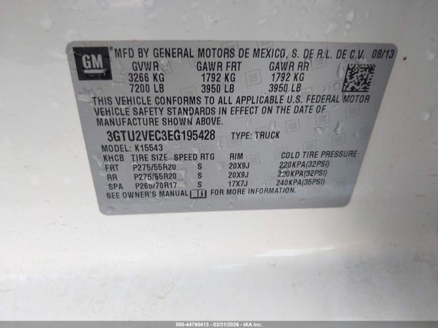 Aukcja sprzedaży 2014 Gmc Sierra 1500 Slt, vin: 3GTU2VEC3EG195428, numer aukcji: 44760413