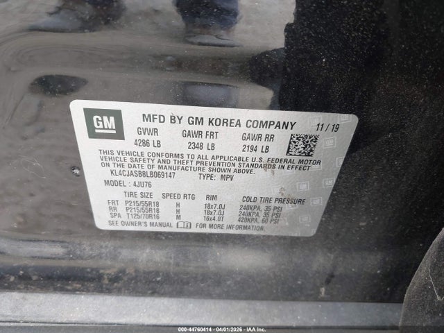 2020 Buick Encore Fwd Preferred მანქანა იყიდება აუქციონზე, vin: KL4CJASB8LB069147, აუქციონის ნომერი: 44760414