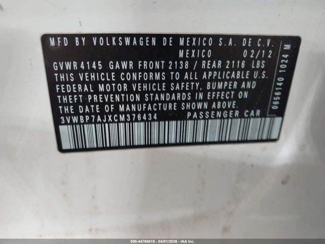 2012 Volkswagen Jetta 2.5l Se მანქანა იყიდება აუქციონზე, vin: 3VWBP7AJXCM376434, აუქციონის ნომერი: 44760415
