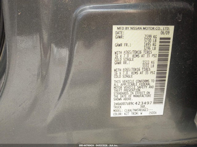 2009 Nissan Frontier Se მანქანა იყიდება აუქციონზე, vin: 1N6AD07U89C423497, აუქციონის ნომერი: 44760424