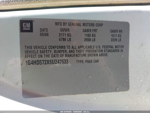 44760446 :رقم المزاد ، 1G4HD572X6U247633 vin ، 2006 Buick Lucerne Cxl مزاد بيع