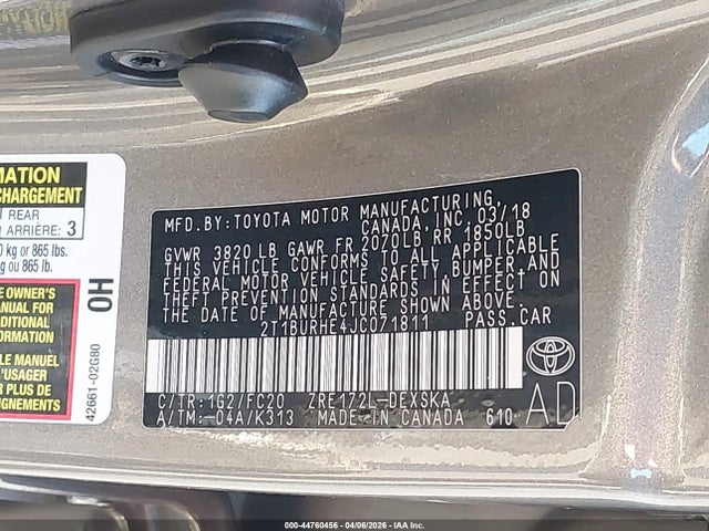 44760456 :رقم المزاد ، 2T1BURHE4JC071811 vin ، 2018 Toyota Corolla Se مزاد بيع