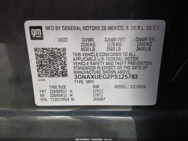 Продажа на аукционе авто 2023 Chevrolet Equinox Awd Lt, vin: 3GNAXUEG2PS125783, номер лота: 44760463