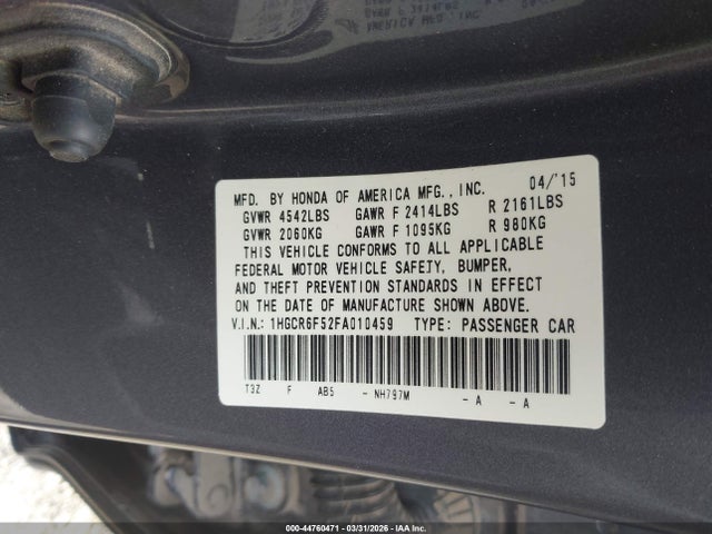 2015 Honda Accord Hybrid Ex-l მანქანა იყიდება აუქციონზე, vin: 1HGCR6F52FA010459, აუქციონის ნომერი: 44760471