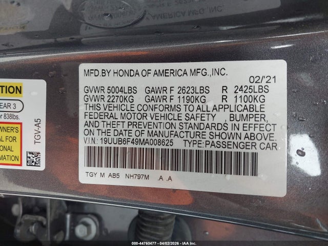 Aukcja sprzedaży 2021 Acura Tlx Technology Package, vin: 19UUB6F49MA008625, numer aukcji: 44760477