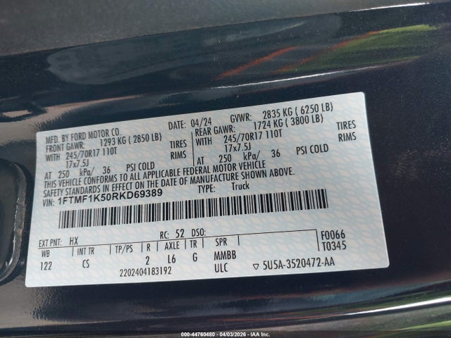 Продаж на аукціоні авто 2024 Ford F-150 Xl, vin: 1FTMF1K50RKD69389, номер лоту: 44760480