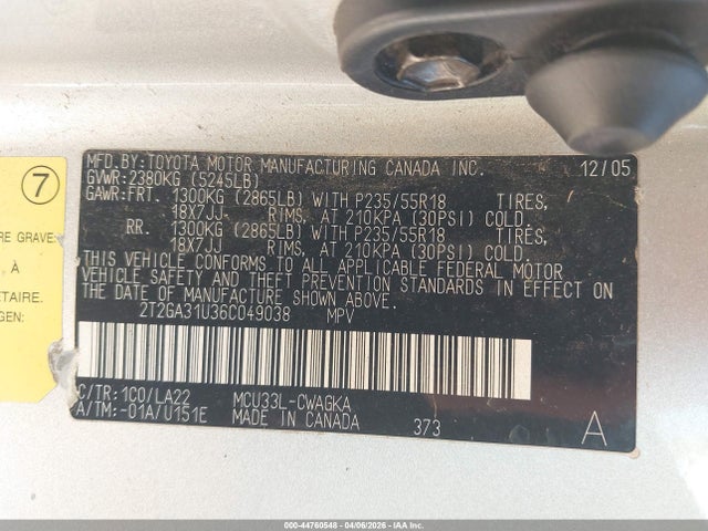 44760548 :رقم المزاد ، 2T2GA31U36C049038 vin ، 2006 Lexus Rx 330 مزاد بيع