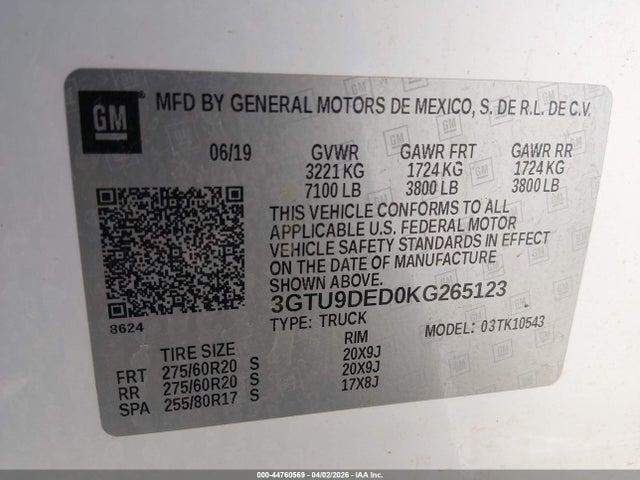 3GTU9DED0KG265123 GMC Sierra 1500 Slt